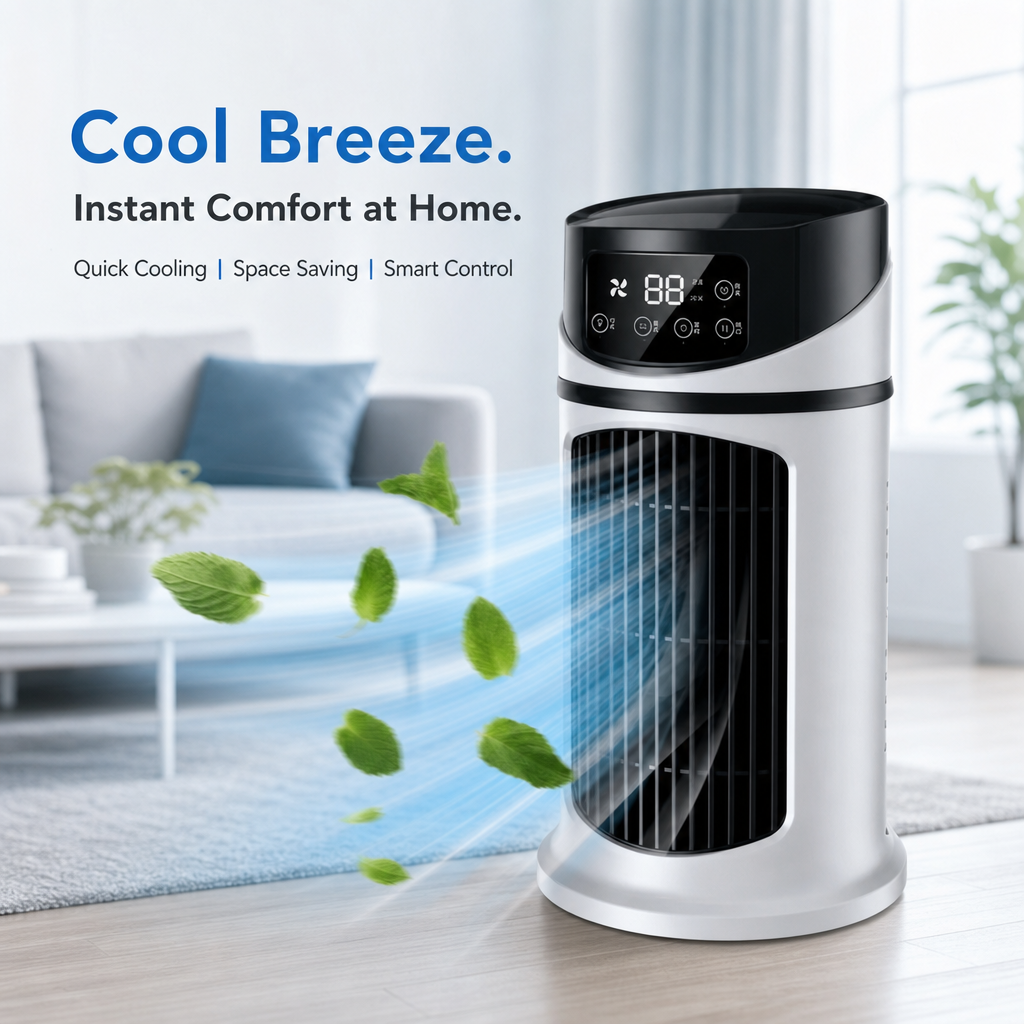 3‑in‑1 Portable Air Conditioner Fan with Ambient Light, USB Powered Indoor & Outdoor Cooling Device, Compact Lightweight Design in Stylish White‑Blue Color, Durable Plastic for Home & Office Use