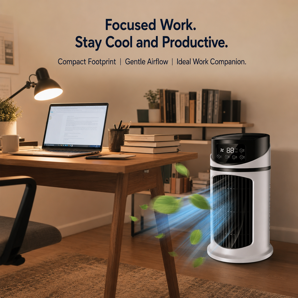 3‑in‑1 Portable Air Conditioner Fan with Ambient Light, USB Powered Indoor & Outdoor Cooling Device, Compact Lightweight Design in Stylish White‑Blue Color, Durable Plastic for Home & Office Use