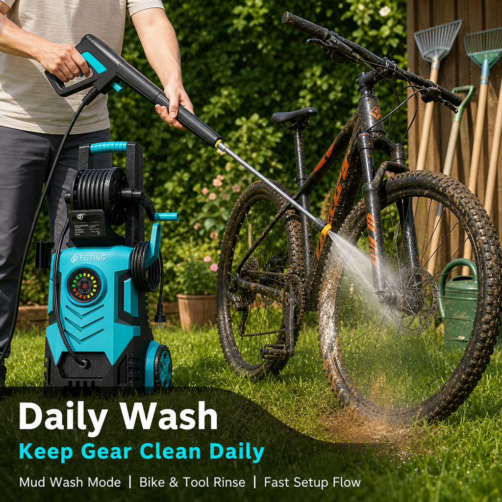 Electric Pressure Washer with Visual Pressure Dial, Hose Reel & 6 Quick‑Connect Nozzles, Compact Power Washer for Car, Patio, Driveway Cleaning