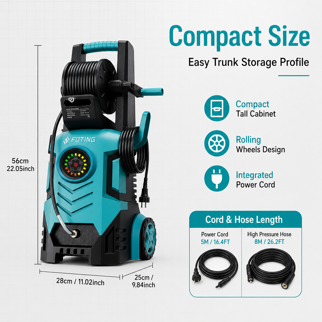 Electric Pressure Washer with Visual Pressure Dial, Hose Reel & 6 Quick‑Connect Nozzles, Compact Power Washer for Car, Patio, Driveway Cleaning