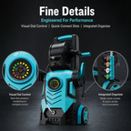 Electric Pressure Washer with Visual Pressure Dial, Hose Reel & 6 Quick‑Connect Nozzles, Compact Power Washer for Car, Patio, Driveway Cleaning