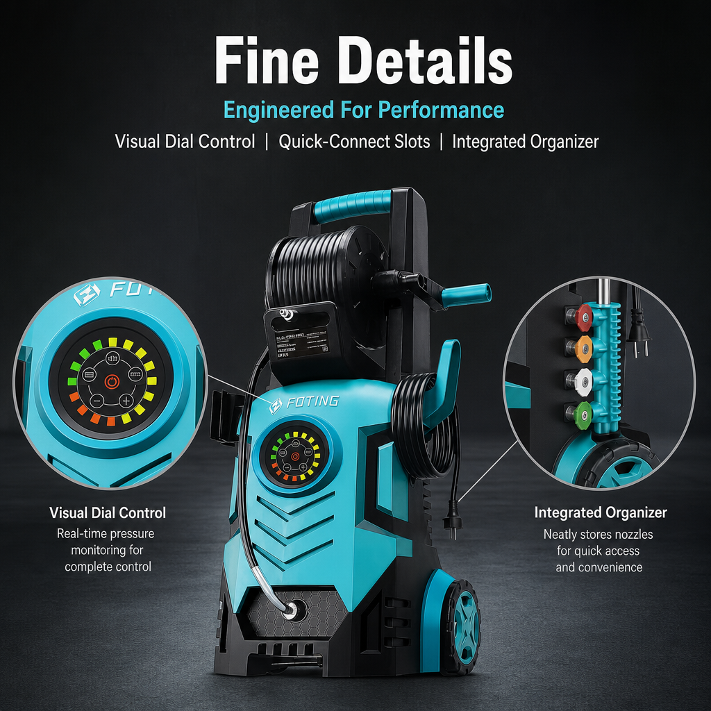 Electric Pressure Washer with Visual Pressure Dial, Hose Reel & 6 Quick‑Connect Nozzles, Compact Power Washer for Car, Patio, Driveway Cleaning