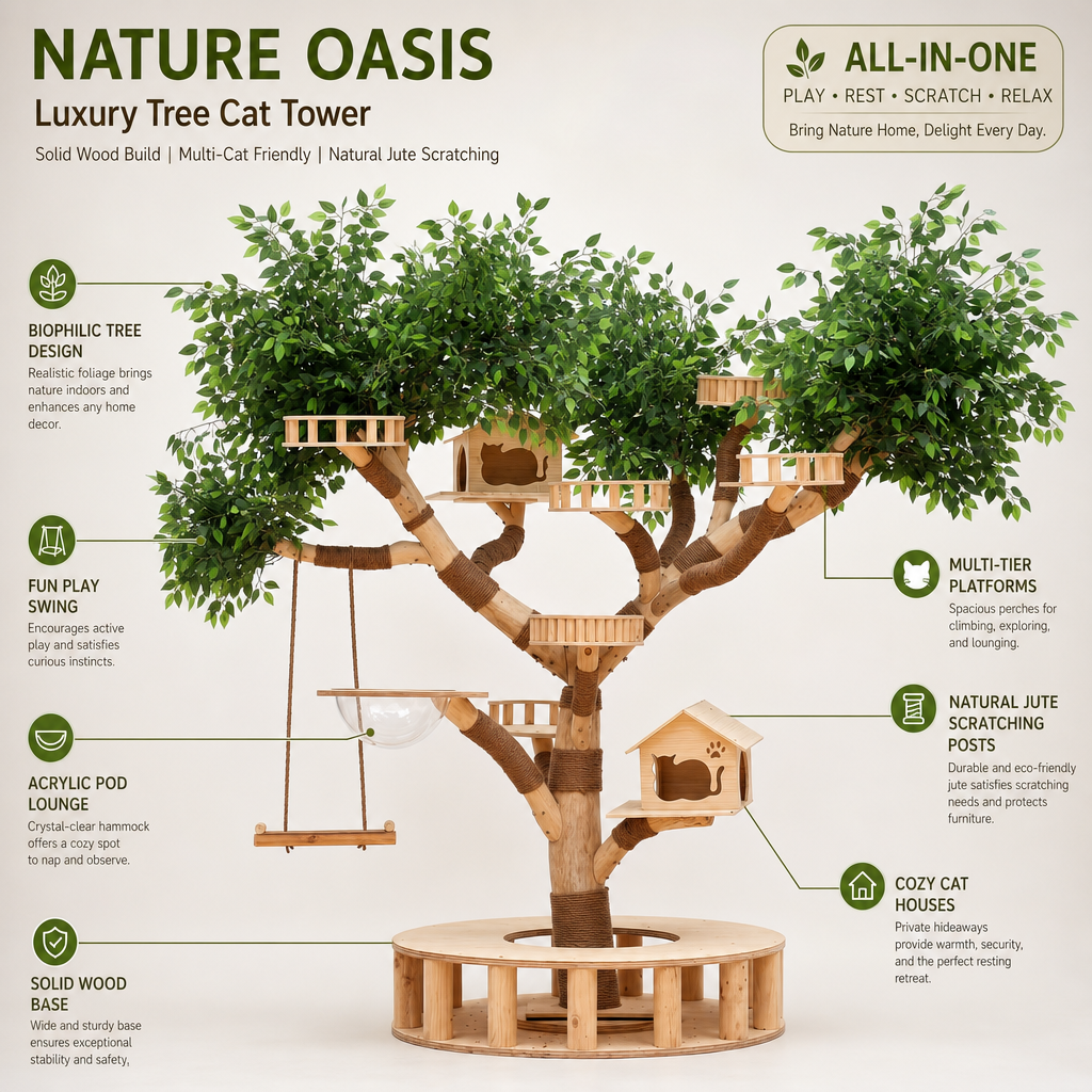 Luxury Solid Wood Cat Tree Tower, Large Multi‑Level Cat Tree with House, Swing & Acrylic Pod, Natural Jute Scratching Posts for 3‑5 Cats