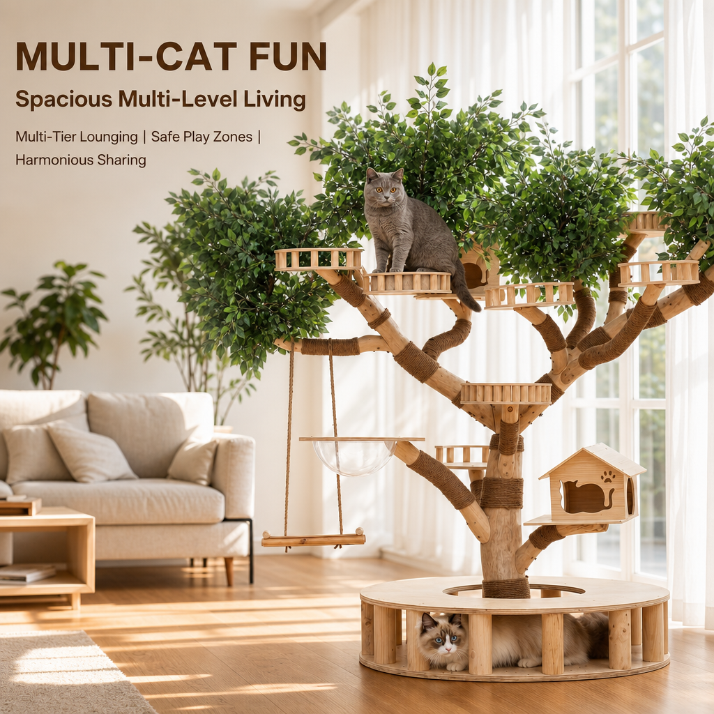 Luxury Solid Wood Cat Tree Tower, Large Multi‑Level Cat Tree with House, Swing & Acrylic Pod, Natural Jute Scratching Posts for 3‑5 Cats
