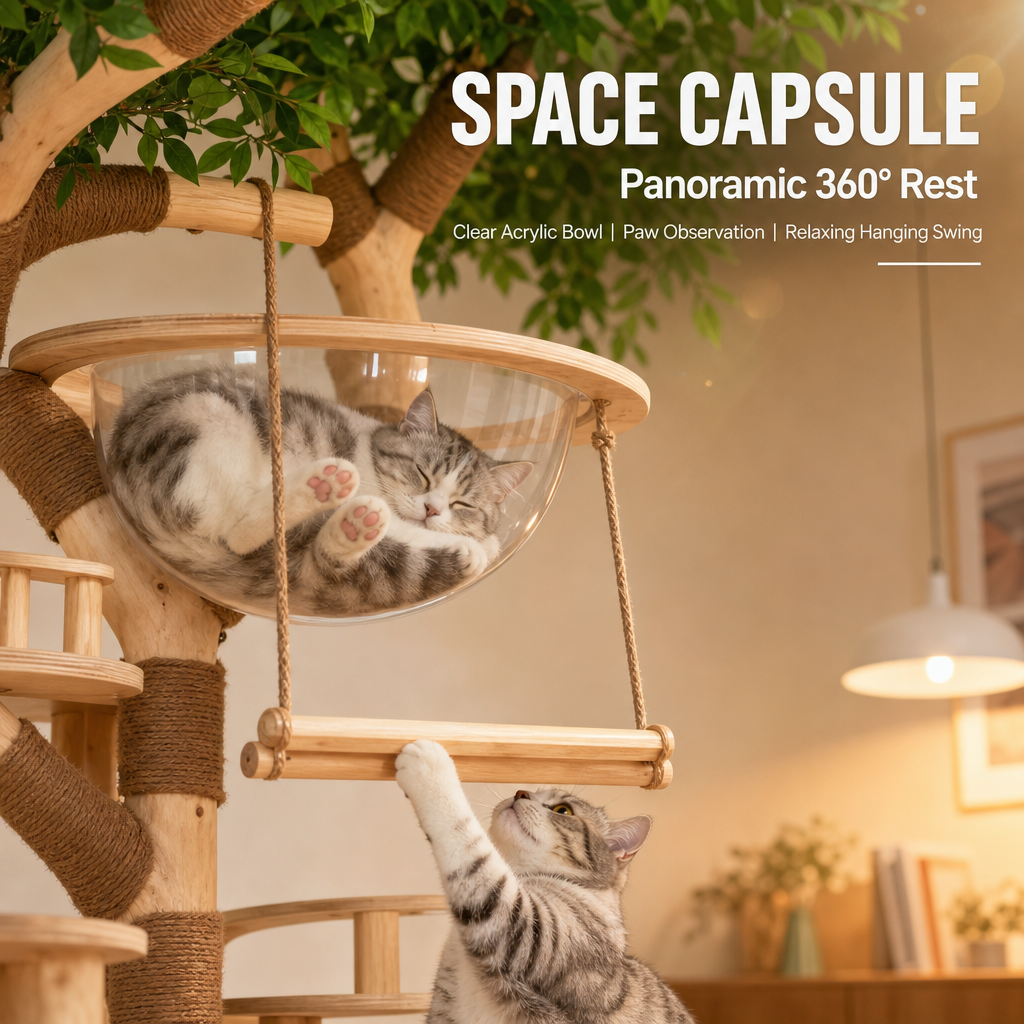 Luxury Solid Wood Cat Tree Tower, Large Multi‑Level Cat Tree with House, Swing & Acrylic Pod, Natural Jute Scratching Posts for 3‑5 Cats