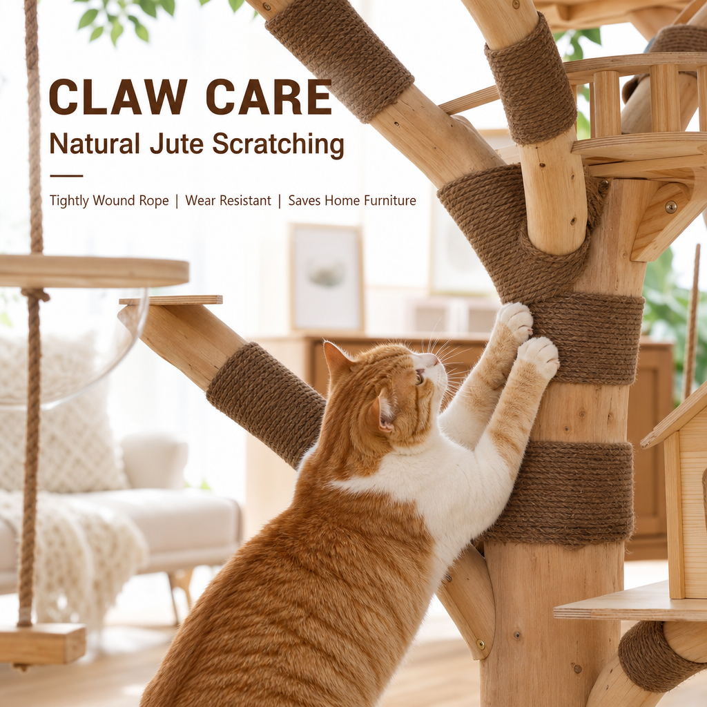 Luxury Solid Wood Cat Tree Tower, Large Multi‑Level Cat Tree with House, Swing & Acrylic Pod, Natural Jute Scratching Posts for 3‑5 Cats