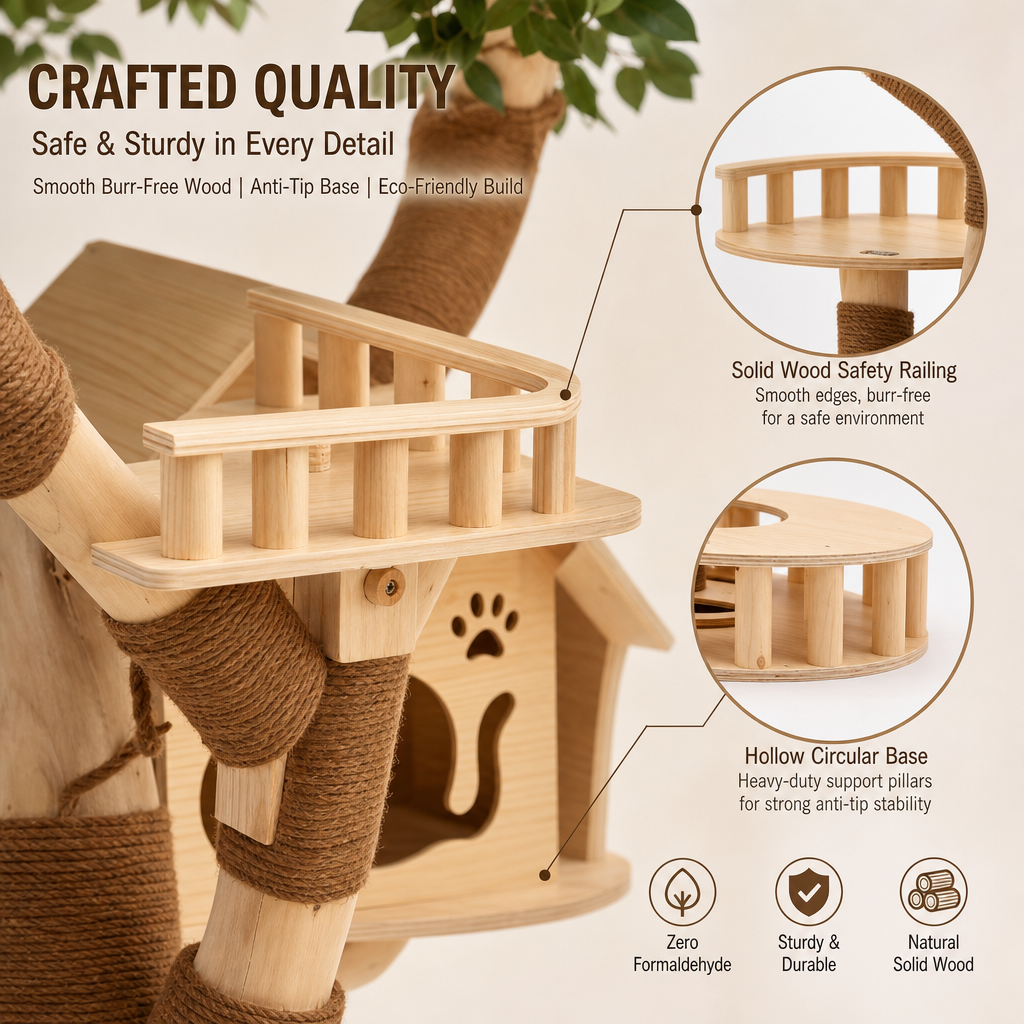 Luxury Solid Wood Cat Tree Tower, Large Multi‑Level Cat Tree with House, Swing & Acrylic Pod, Natural Jute Scratching Posts for 3‑5 Cats