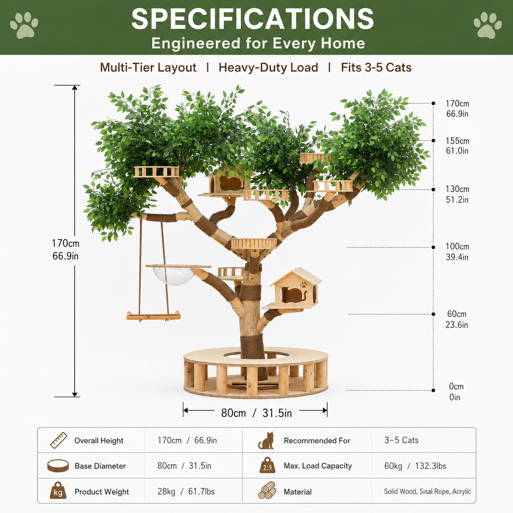Luxury Solid Wood Cat Tree Tower, Large Multi‑Level Cat Tree with House, Swing & Acrylic Pod, Natural Jute Scratching Posts for 3‑5 Cats