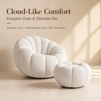 Cloud‑Like Pumpkin Boucle Chair with Ottoman, Ergonomic Curved Bean Bag Accent Chair, High‑Density Foam Comfy Lounge Chair for Living Room Bedroom Reading Nook