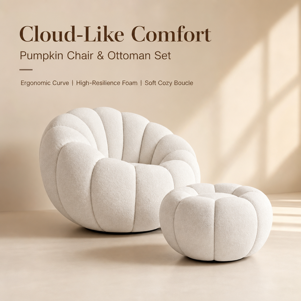 Cloud‑Like Pumpkin Boucle Chair with Ottoman, Ergonomic Curved Bean Bag Accent Chair, High‑Density Foam Comfy Lounge Chair for Living Room Bedroom Reading Nook