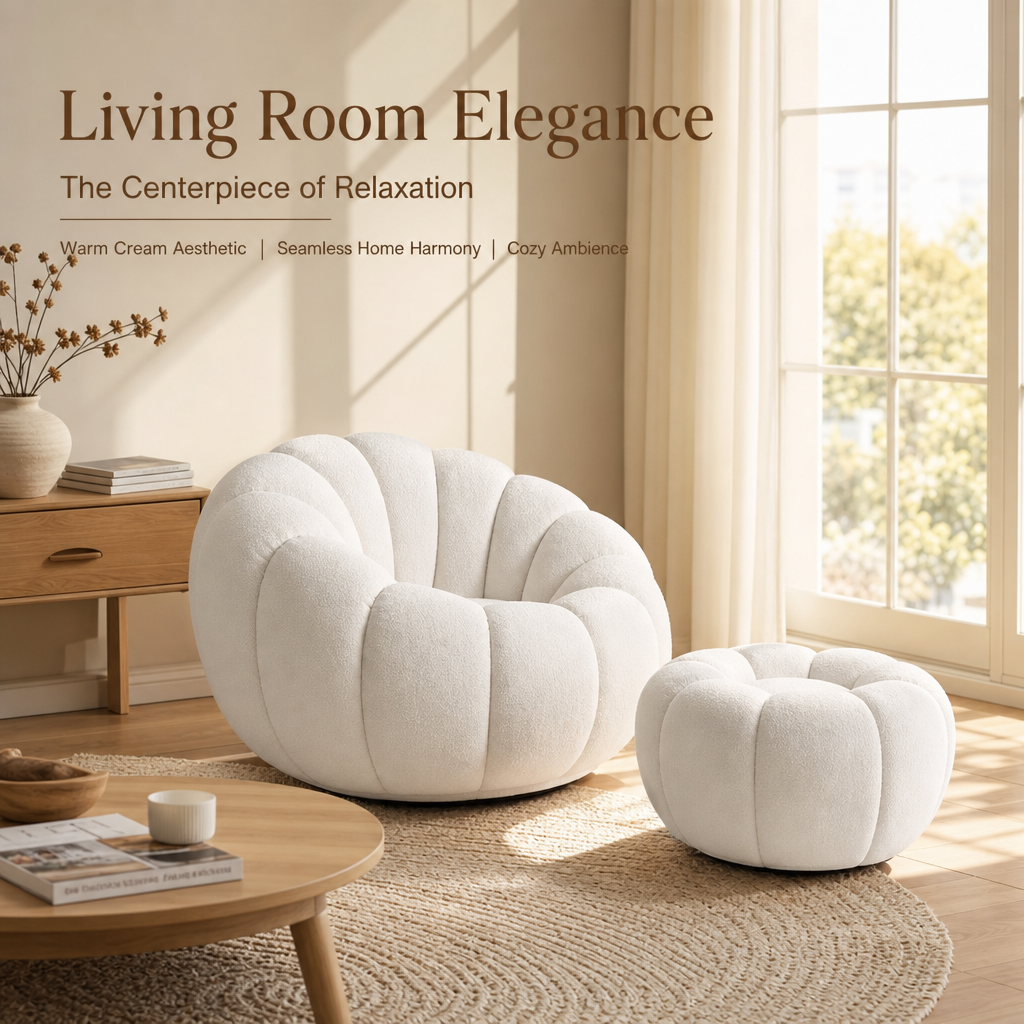Cloud‑Like Pumpkin Boucle Chair with Ottoman, Ergonomic Curved Bean Bag Accent Chair, High‑Density Foam Comfy Lounge Chair for Living Room Bedroom Reading Nook