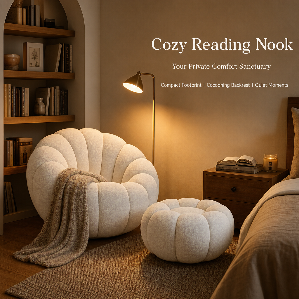 Cloud‑Like Pumpkin Boucle Chair with Ottoman, Ergonomic Curved Bean Bag Accent Chair, High‑Density Foam Comfy Lounge Chair for Living Room Bedroom Reading Nook