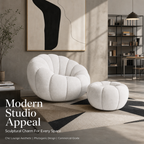 Cloud‑Like Pumpkin Boucle Chair with Ottoman, Ergonomic Curved Bean Bag Accent Chair, High‑Density Foam Comfy Lounge Chair for Living Room Bedroom Reading Nook