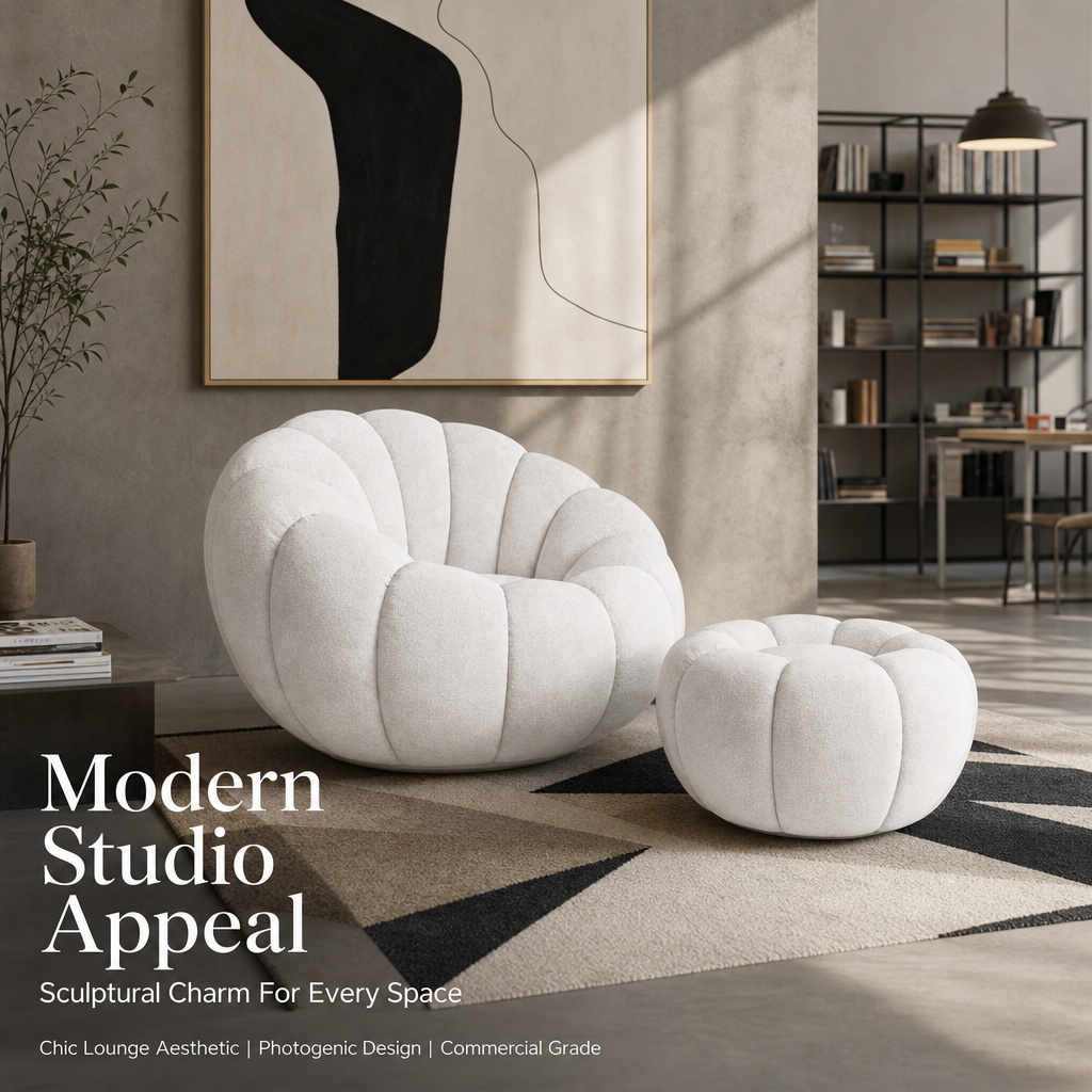 Cloud‑Like Pumpkin Boucle Chair with Ottoman, Ergonomic Curved Bean Bag Accent Chair, High‑Density Foam Comfy Lounge Chair for Living Room Bedroom Reading Nook