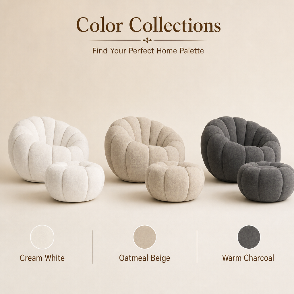 Cloud‑Like Pumpkin Boucle Chair with Ottoman, Ergonomic Curved Bean Bag Accent Chair, High‑Density Foam Comfy Lounge Chair for Living Room Bedroom Reading Nook