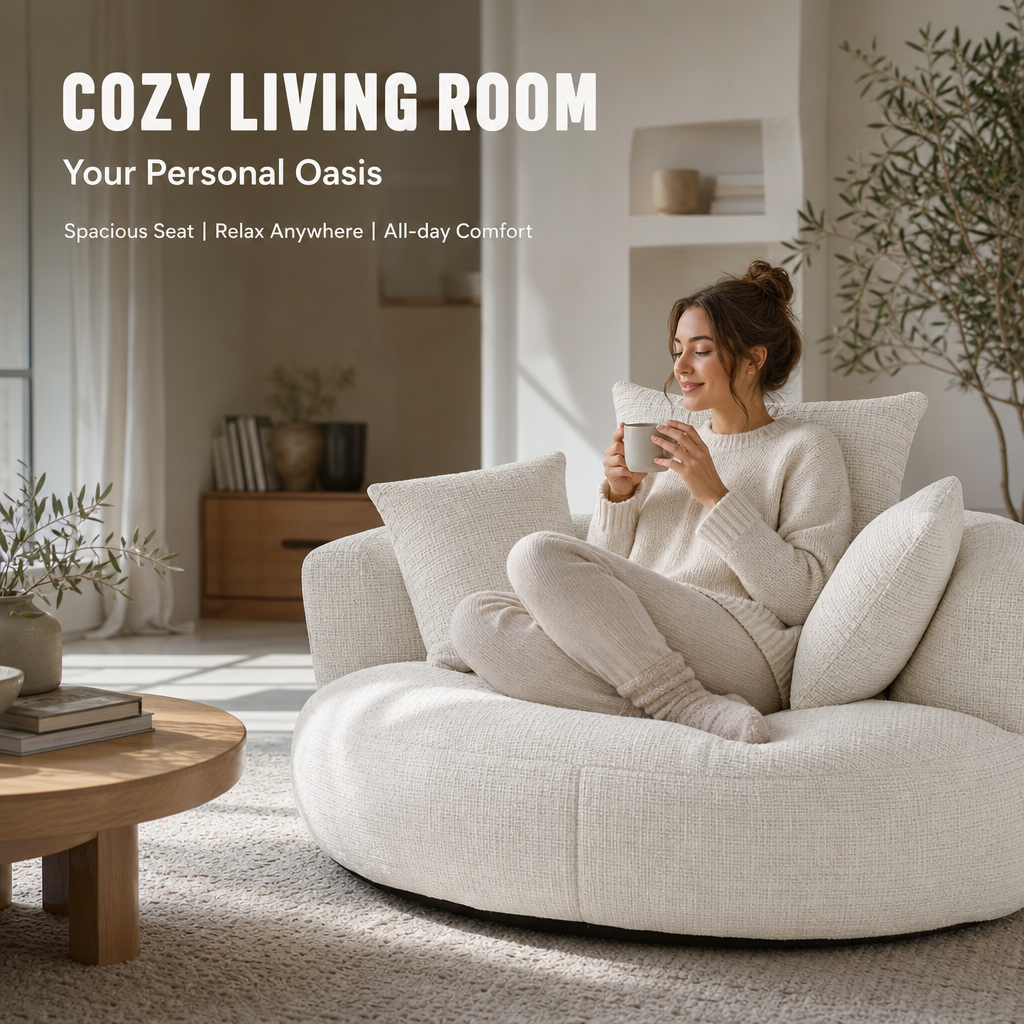 Oversized Round Lounge Chair with 3 Pillows, Plush Chenille Curved Accent Chair, Deep Seat Comfy Reading Chair for Living Room Bedroom Apartment