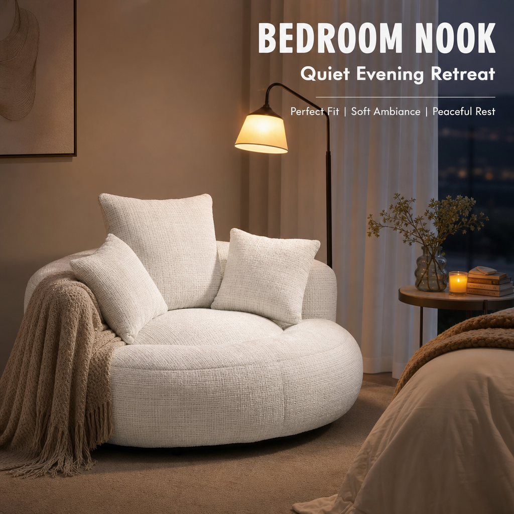 Oversized Round Lounge Chair with 3 Pillows, Plush Chenille Curved Accent Chair, Deep Seat Comfy Reading Chair for Living Room Bedroom Apartment