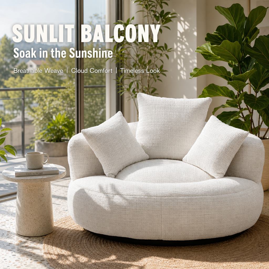 Oversized Round Lounge Chair with 3 Pillows, Plush Chenille Curved Accent Chair, Deep Seat Comfy Reading Chair for Living Room Bedroom Apartment