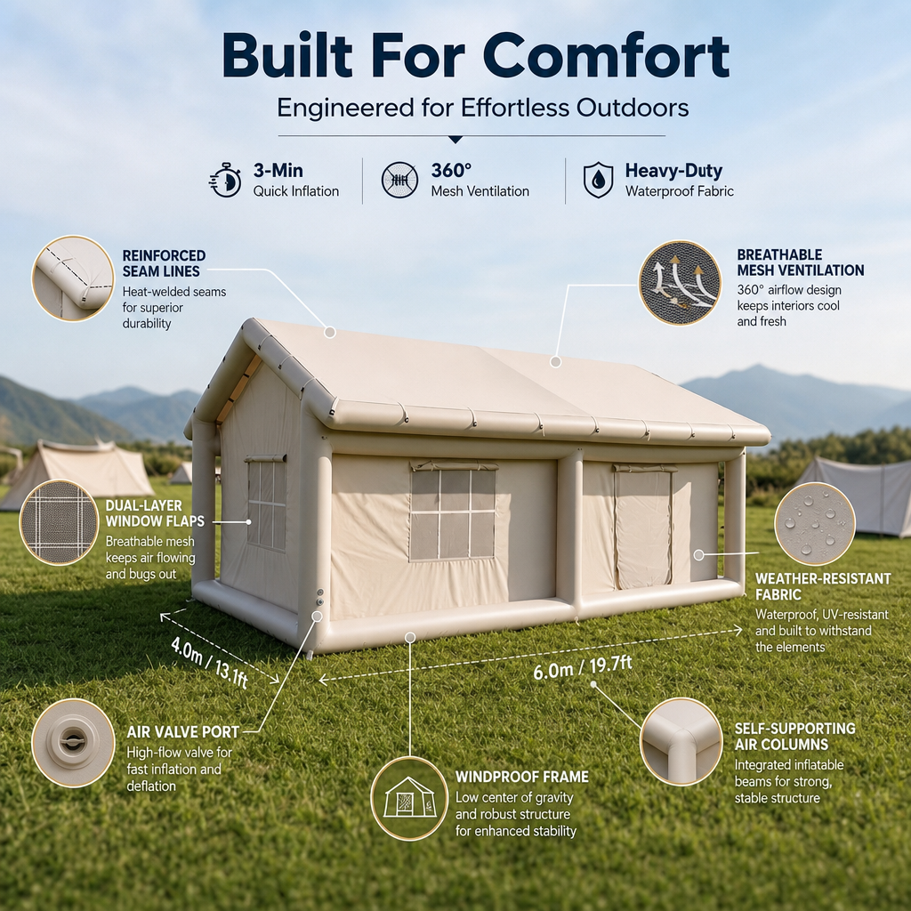 Inflatable Cabin Tent 2‑8 Person, 3‑Min Fast Setup Air Tent, Waterproof UV‑Resistant Glamping Tent with Pump & Carry Bag for Family Camping