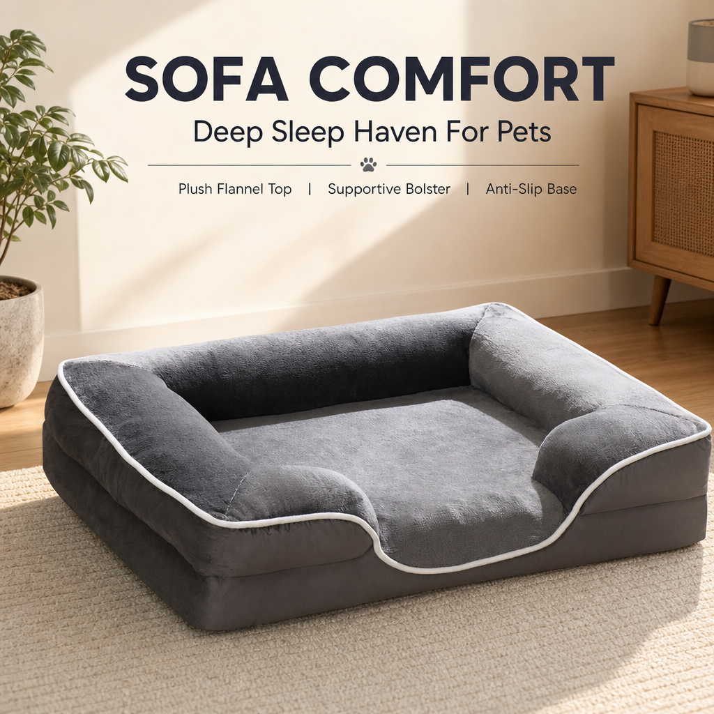 Orthopedic Memory Foam Dog Bed, Washable Cover Bolster Pet Bed, Anti-Slip Bottom for Large Medium Small Dogs