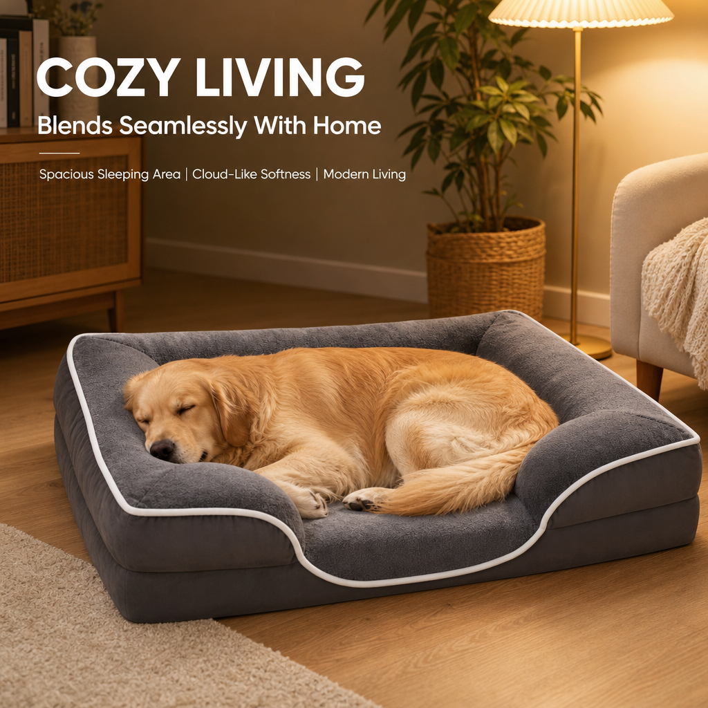 Orthopedic Memory Foam Dog Bed, Washable Cover Bolster Pet Bed, Anti-Slip Bottom for Large Medium Small Dogs