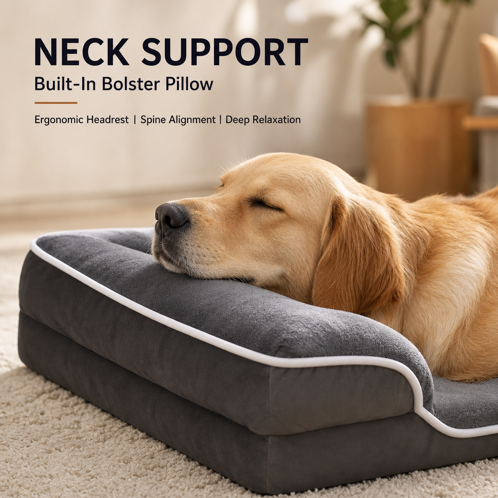 Orthopedic Memory Foam Dog Bed, Washable Cover Bolster Pet Bed, Anti-Slip Bottom for Large Medium Small Dogs
