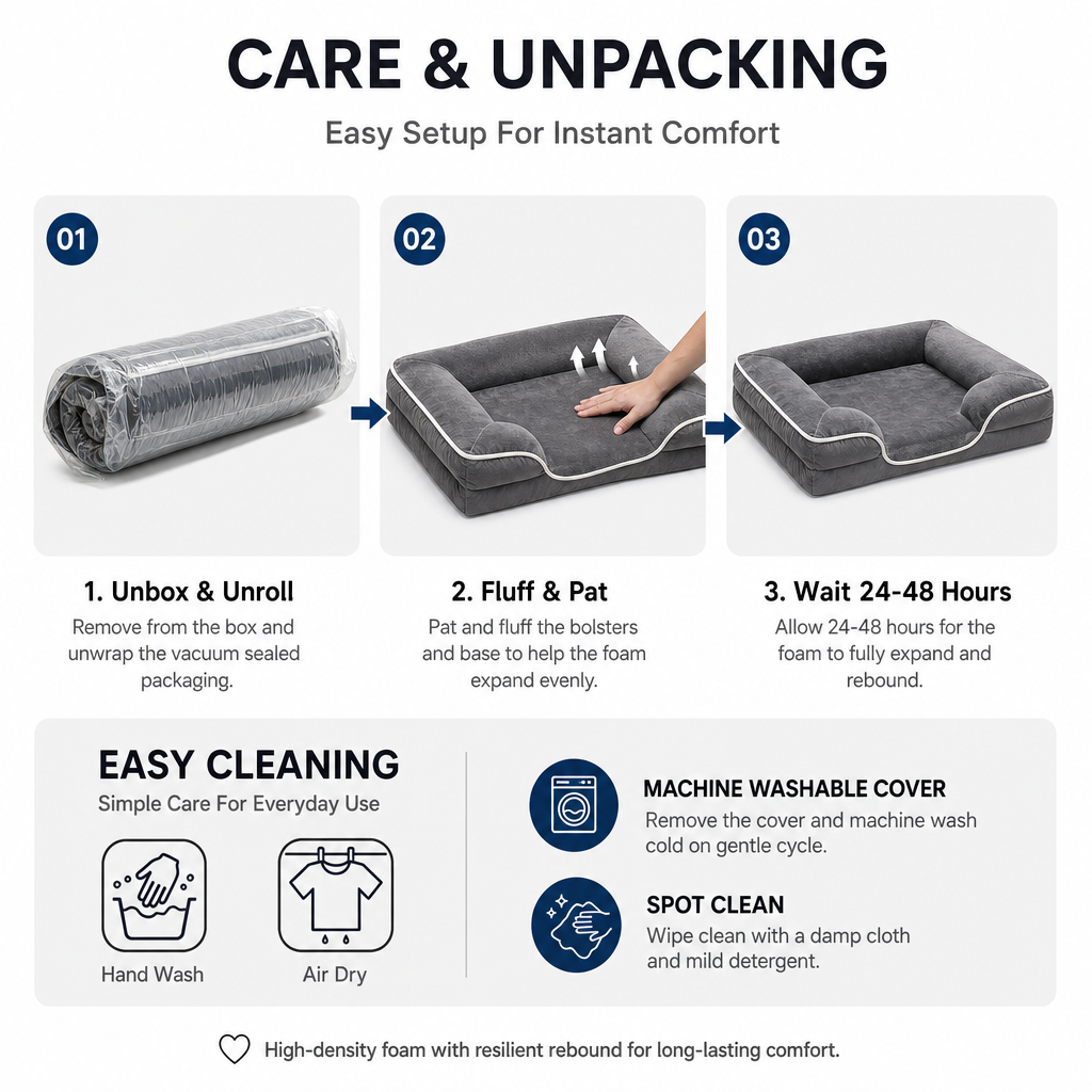 Orthopedic Memory Foam Dog Bed, Washable Cover Bolster Pet Bed, Anti-Slip Bottom for Large Medium Small Dogs