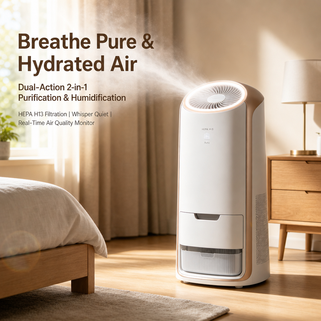 H13 HEPA Air Purifier with Humidifier, 99.97% Allergen Removal, 360° Air Intake for Home Bedroom