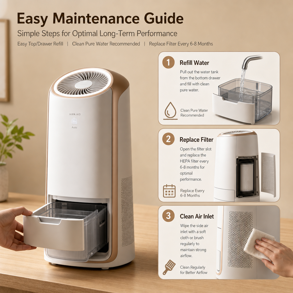 H13 HEPA Air Purifier with Humidifier, 99.97% Allergen Removal, 360° Air Intake for Home Bedroom