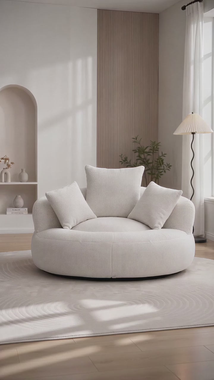Oversized Round Lounge Chair with 3 Pillows, Plush Chenille Curved Accent Chair, Deep Seat Comfy Reading Chair for Living Room Bedroom Apartment