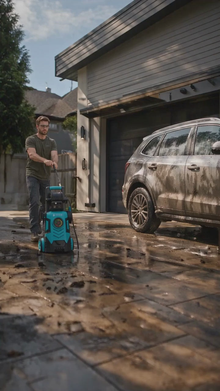 Electric Pressure Washer with Visual Pressure Dial, Hose Reel & 6 Quick‑Connect Nozzles, Compact Power Washer for Car, Patio, Driveway Cleaning