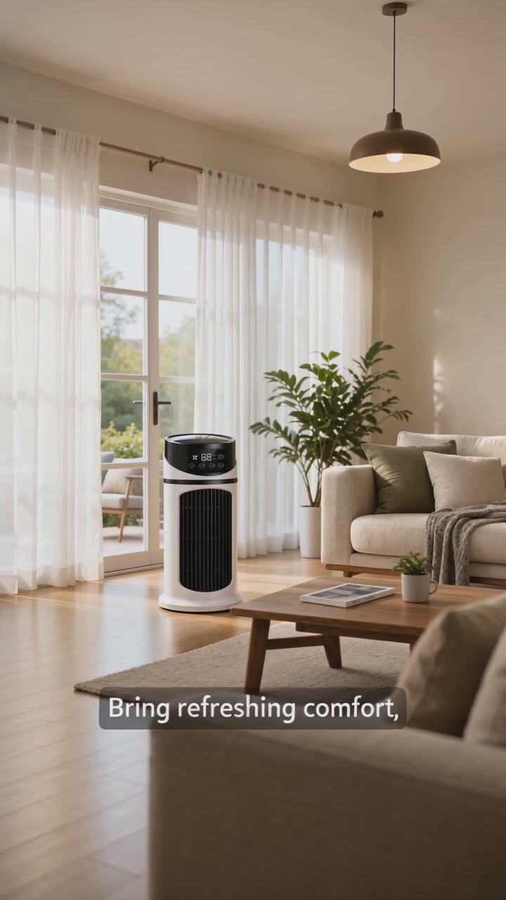 3‑in‑1 Portable Air Conditioner Fan with Ambient Light, USB Powered Indoor & Outdoor Cooling Device, Compact Lightweight Design in Stylish White‑Blue Color, Durable Plastic for Home & Office Use