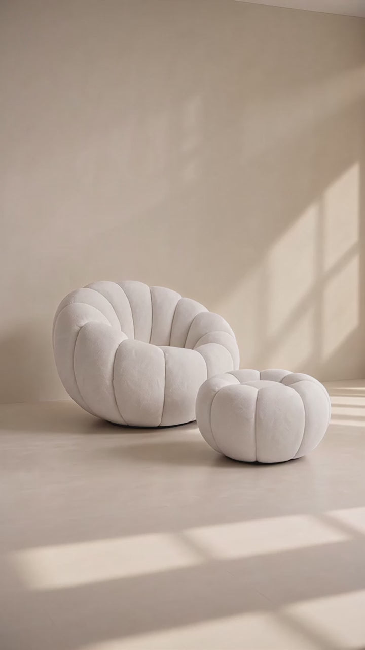 Cloud‑Like Pumpkin Boucle Chair with Ottoman, Ergonomic Curved Bean Bag Accent Chair, High‑Density Foam Comfy Lounge Chair for Living Room Bedroom Reading Nook